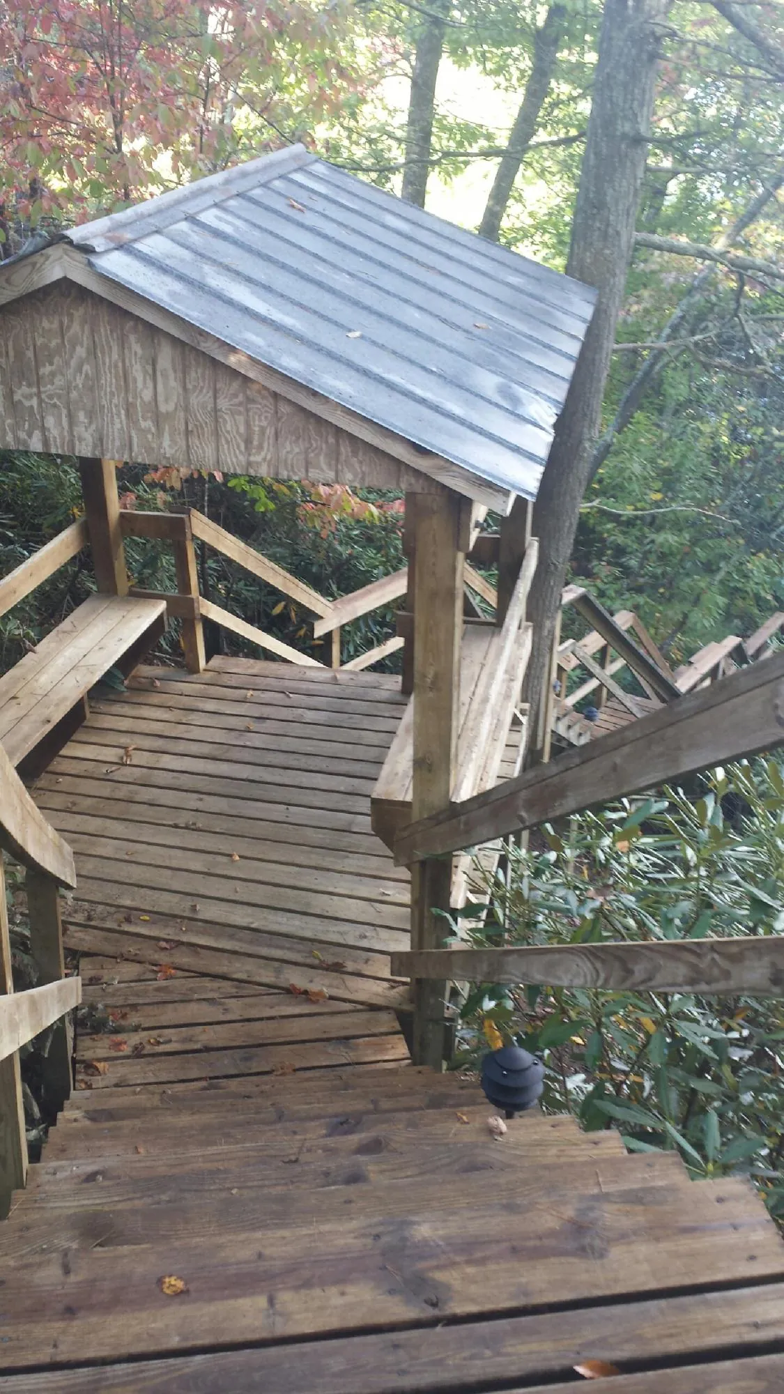 Metal roofed shelter over wooden steps on a wooded walkway — Skylight Repair & Installation work by our crew in Ada